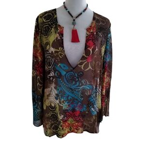 Chico's 100% Silk Multicolor Sheer Women's V Neck Long Sleeve Tunic Blouse M